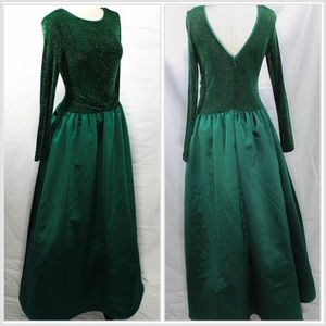 Vintage 1990s Emerald Green Gown Gold Glitter Fleck Bodice prom